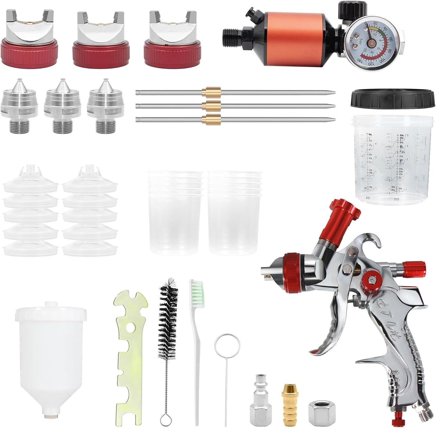 Dromedary Gravity Feed Spray Gun,Air Paint Spray Gun Kit with 1.4, 1.7, 2.0mm Nozzles, 10 Disposable Paint Cups 600cc, Lids, Air Regulator