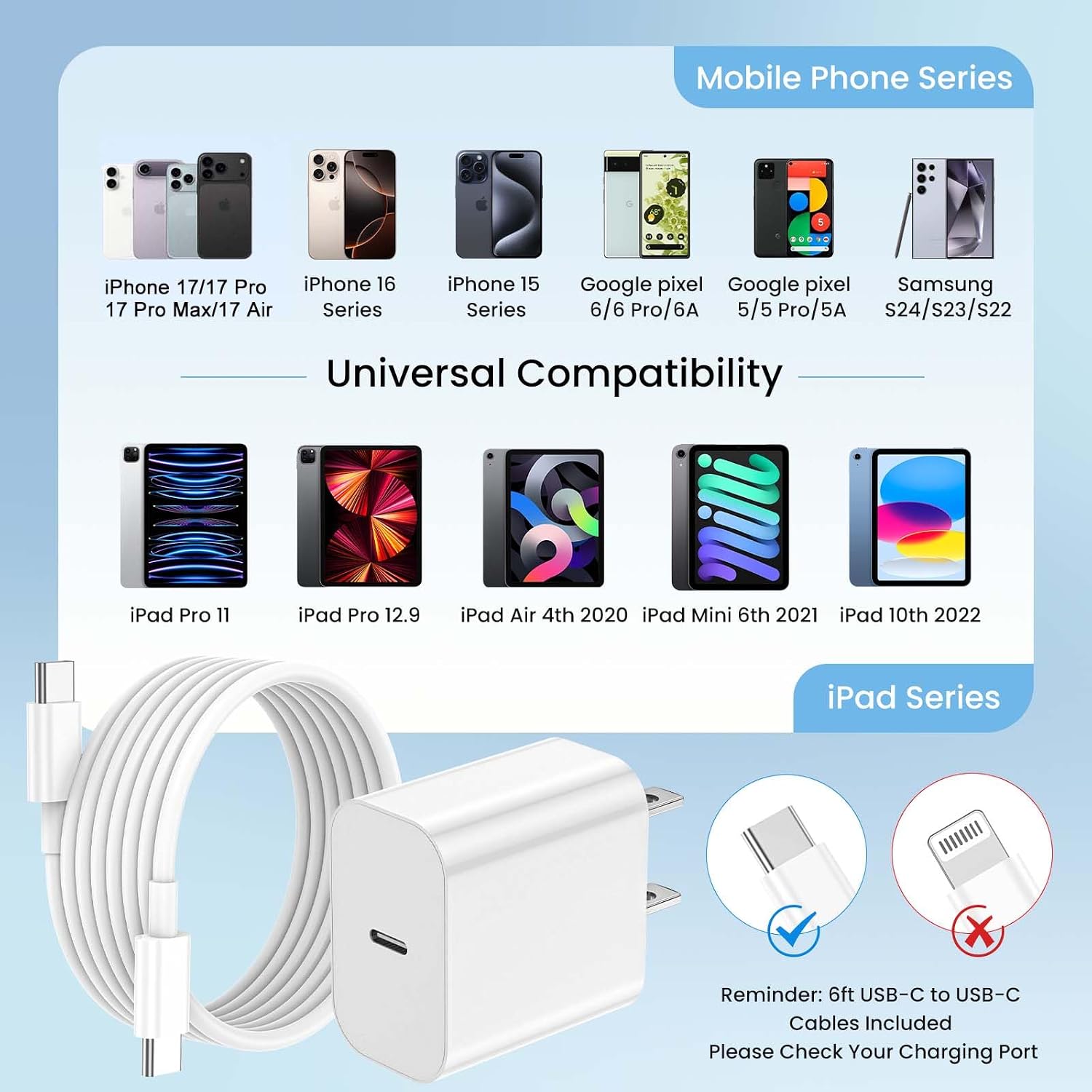 iPhone 17 16 15 Charger Fast Charging,3-Pack 20W Apple USB C Charger Block with 60W Type C to USB C Cable Cord 6FT,Compatible with iPhone 17/17 Pro/17 Pro Max/17 Air/16/16 Pro Max/16 Pro/15/15 Pro