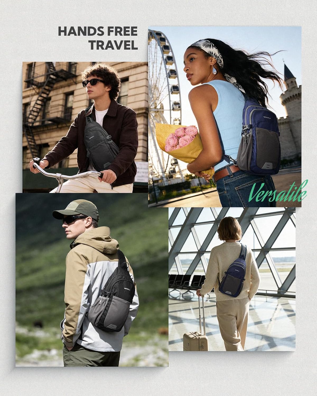 WATERFLY Packable Crossbody Sling Bag: Small Lightweight Travel RFID Blocking Sling Daypack with Water Bottle Holder - Shoulder Chest Bag Backpack for Women Men Hiking Traveling Theme Parks
