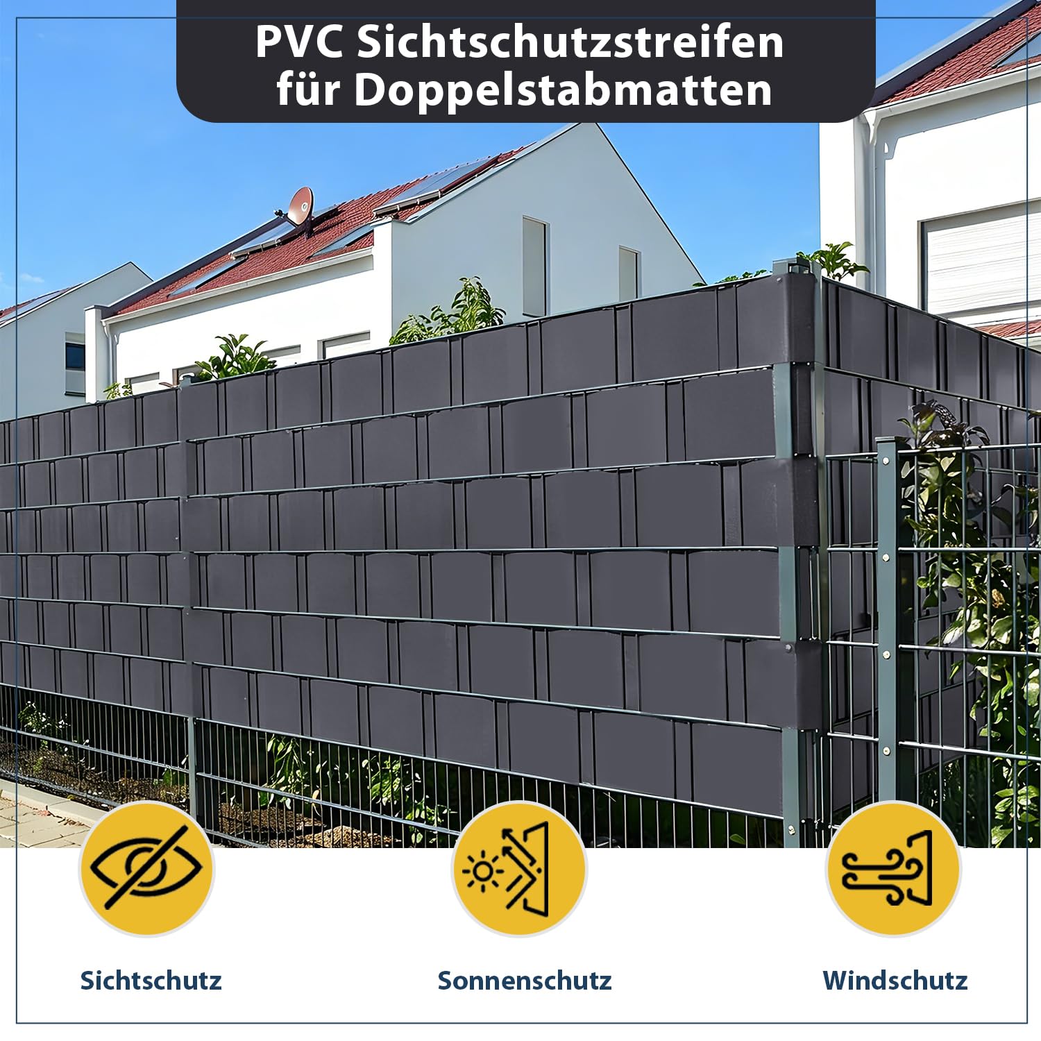 Sekey PVC Sichtschutzstreifen für Doppelstabmatten 35m x 19cm - 26 Befestigungsclips, Doppelstabmattenzaun Sichtschutz, Anti-UV Wetterfest Stabmattenzaun Windschutz für Garten, Anthrazit