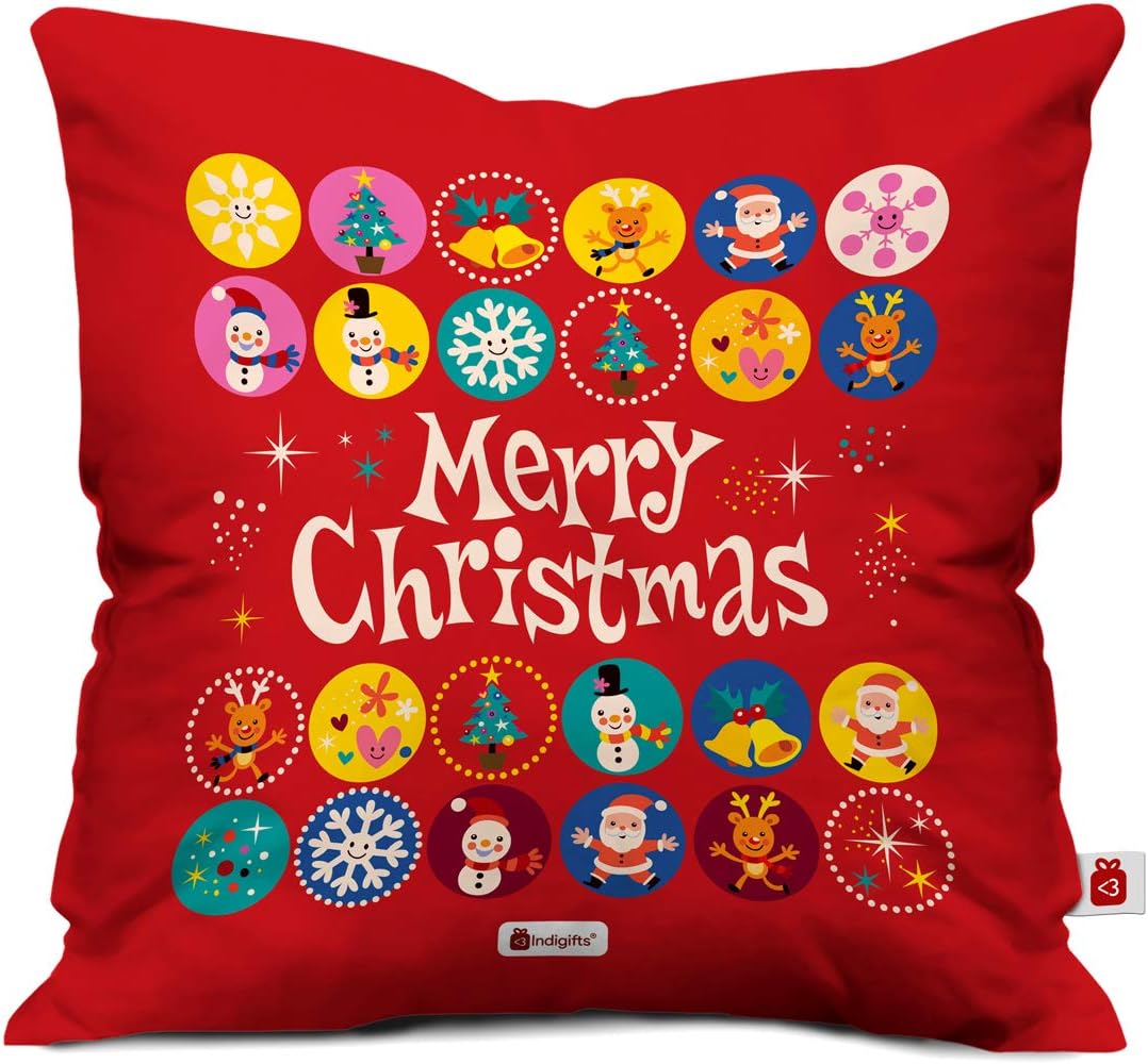Indigifts Merry Christmas Print Red Cushion Cover 12x12 with Filler (Xmas, Him, Boy, Girl, Dad, Mom, Friends, Family) - Christmas Decorations