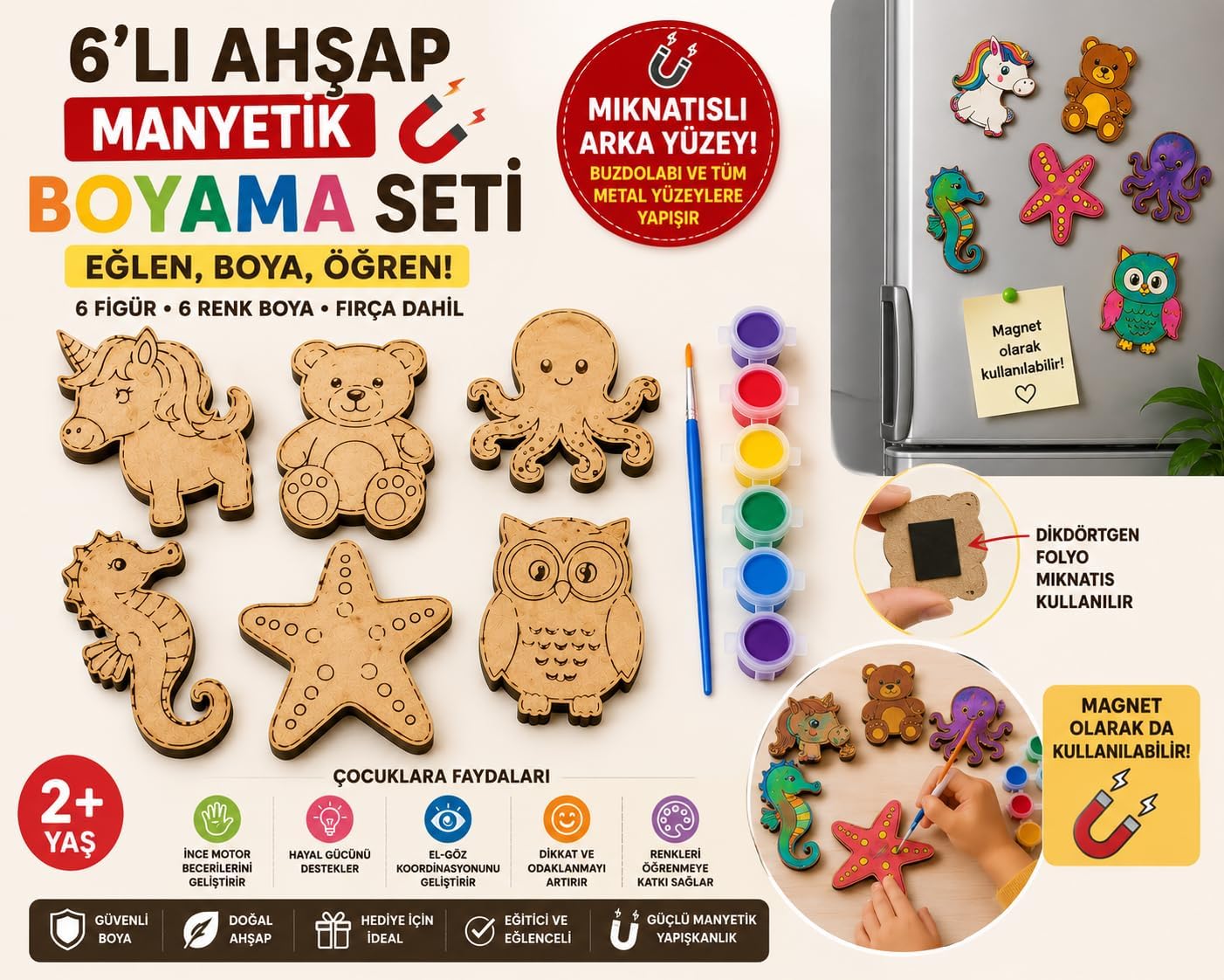 6’lı Eğitici Mıknatıslı Ahşap Boyama Seti – Unicorn, Ayıcık ve Deniz Canlıları | MDF Figür + Boya + Fırça