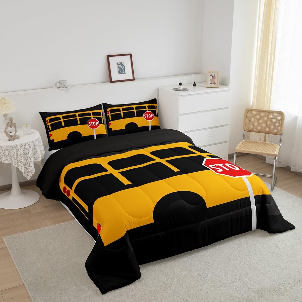 Feelyou School Bus Comforter Set Cartoon Truck Car Boys Bedding Set for Kids Girls School Car Childlike Style Cute Comforter School Car Vehicle Soft Quilt Set Room 3Pcs Full Size