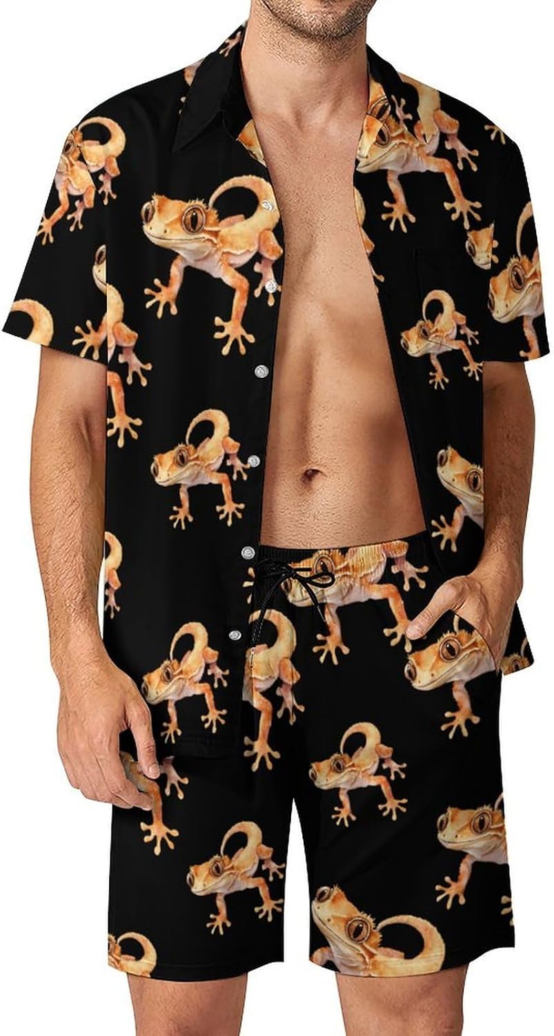 Watercolor Cute Crested Gecko Summer Mens Vacation Outfits Beach Shirts Shorts Matching Set