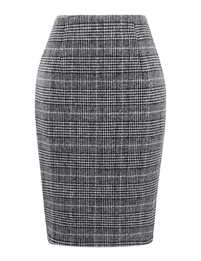 IDEALSANXUN Women's Skirts Midi Plaid Skirts for Women 2023 Fall Winter Knee Length Pencil Wool Skirt with Slit, Grid Black, M