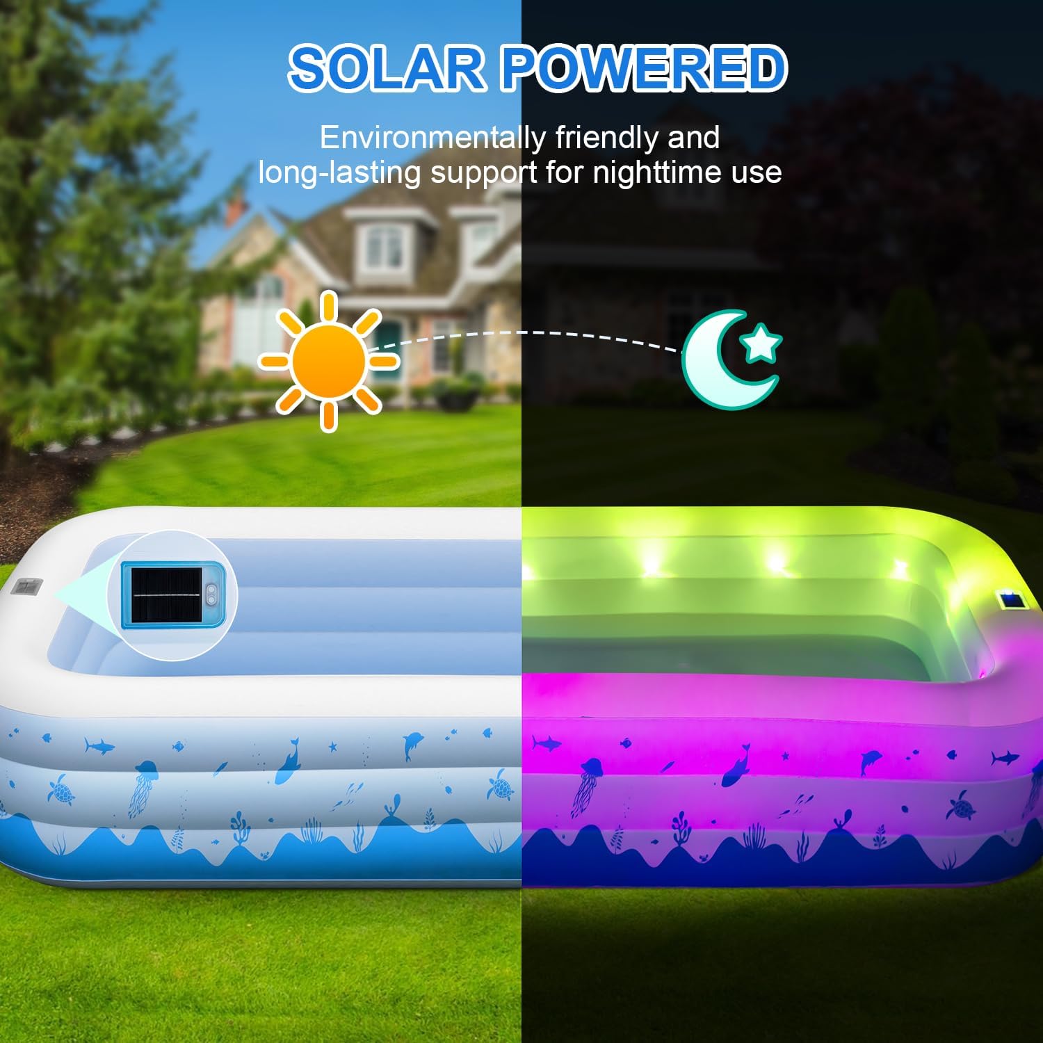 Large Inflatable Pool with Lights, 145" X 74" X 22" Family Inflatable Swimming Pools for Kids,Adults, Blow Up Pool Solar Powered, Inflatable Kids PooI for Backyard (Air Pump Not Included)