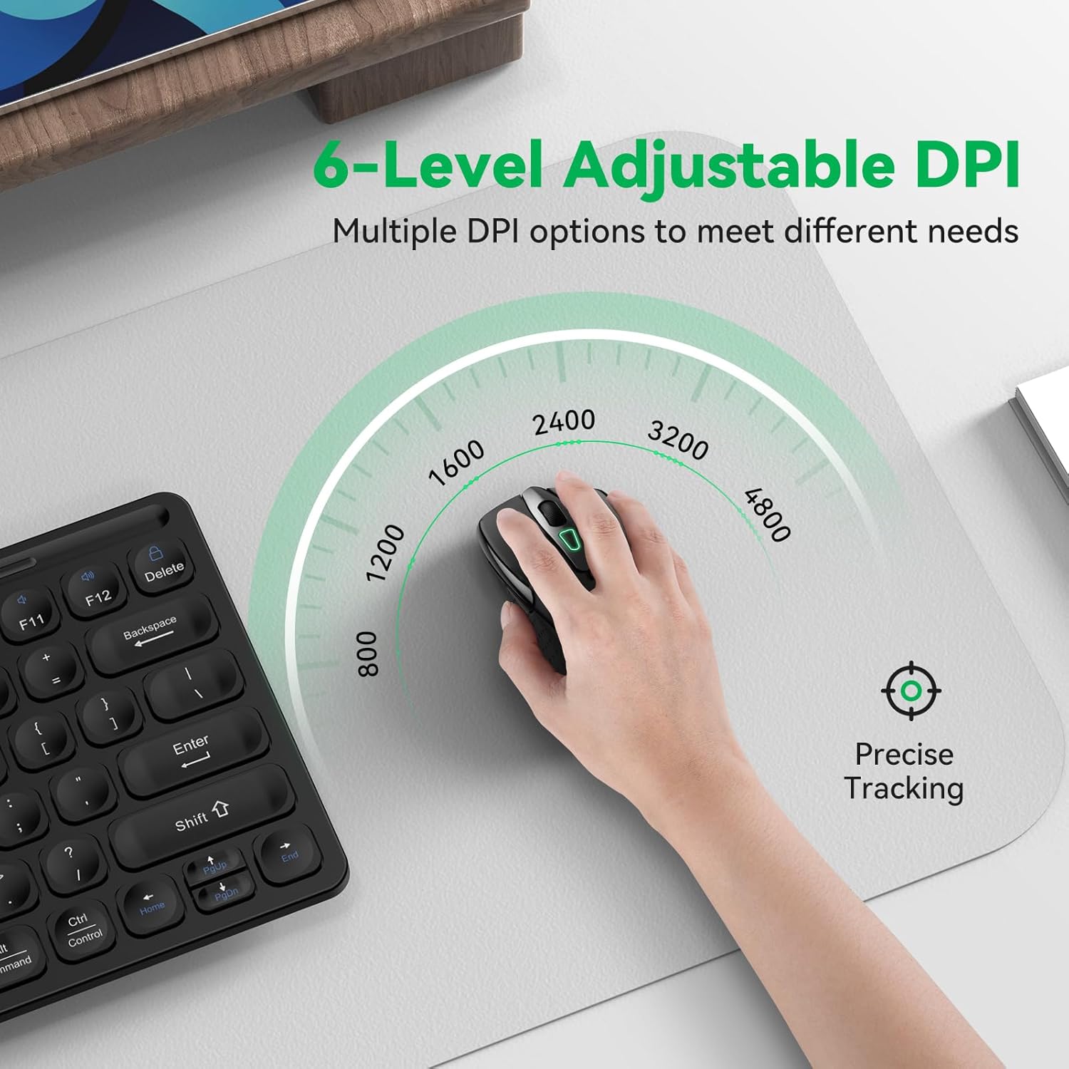 TechRise Bluetooth Mouse (BT5.0/3.0 & 2.4G) Rechargeable Wireless Mouse, 4800 DPI Optical Tracking, 6 Adjustable DPI, 2.4GHz with USB A Receiver, Quiet Clicks, Ergonomic Grips, 6 Buttons - Black