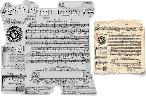 Threetols Sellos transparentes de notas musicales para hacer tarjetas, marco de flores, sellos de goma transparente, sellos de palabras de canciones