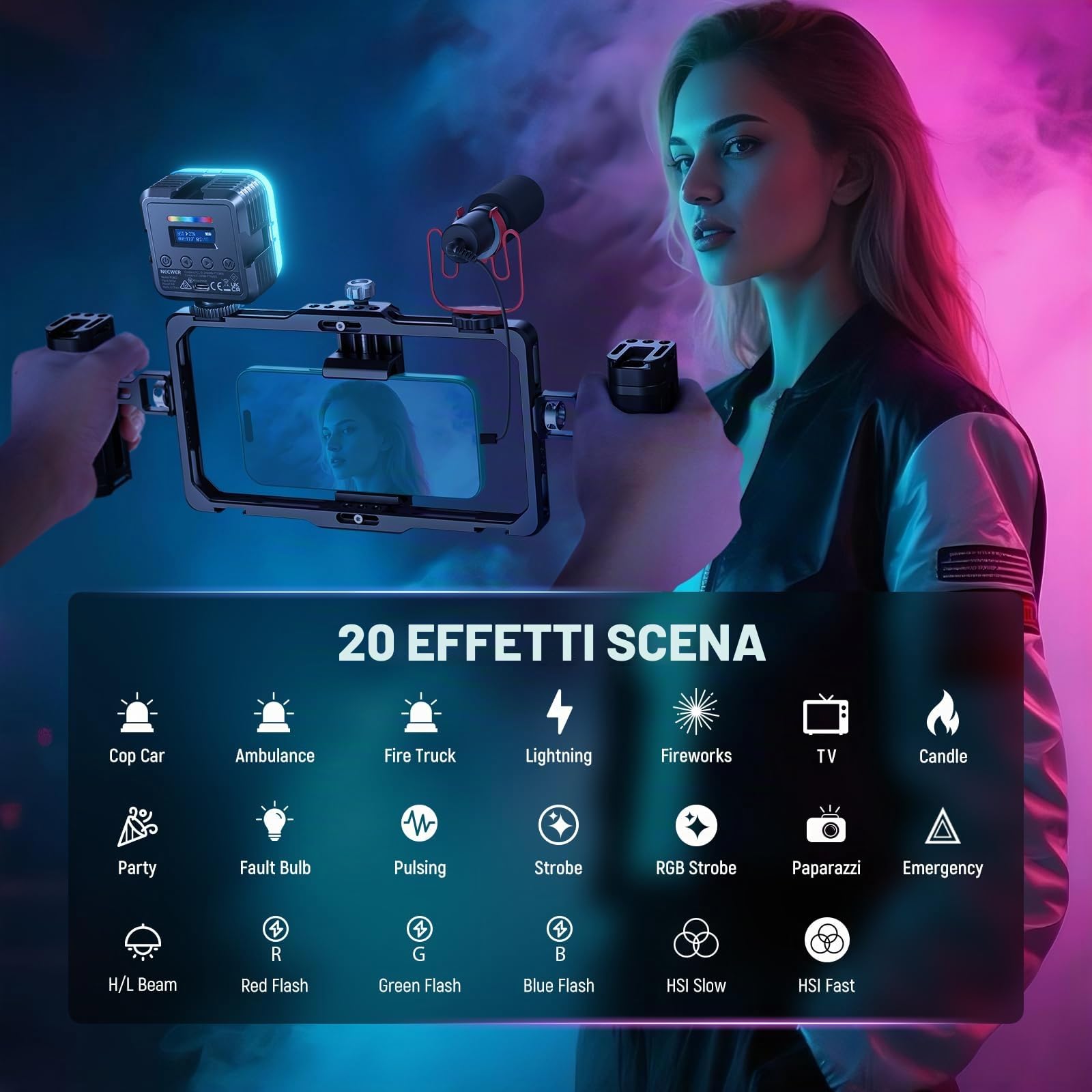 NEEWER Luce Fotocamera RGB Magnetica, Piccolo Pannello Video LED RGB61 a Colori 360° con 3 Cold Shoe, CRI 97+, 20 Modalità Scena, 2500K-8500K, 2000mAh, Illuminazione Selfie Portatile per Foto Video