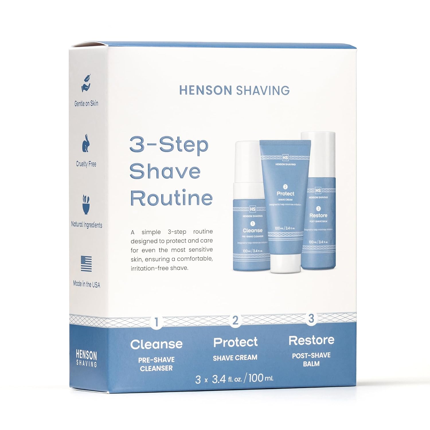 Henson Shaving Skin Care Combo – 3-Step Shaving Kit for Men with Cleanser, Shaving Cream & Post-Shave Balm – Gentle Grooming Kit for Smooth, Irritation-Free Shaves – 3.4 oz Each
