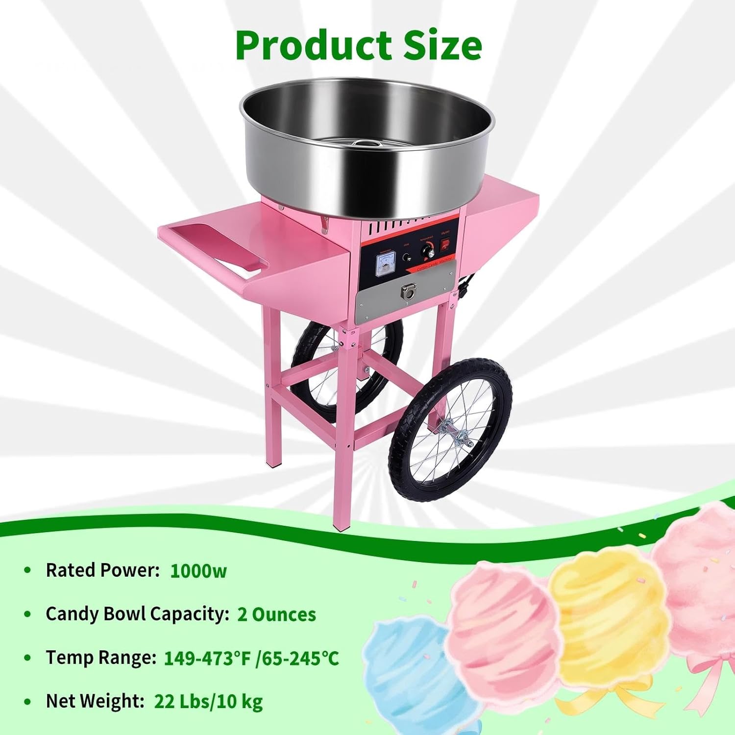 Cotton Candy Machine Cart, Electric Candy Floss Maker for Kids, 1000W Freestanding Cotton Candy Maker Stainless Steel Pot with Sugar Scoop, Candy Floss Machine for Home, Party, Festival