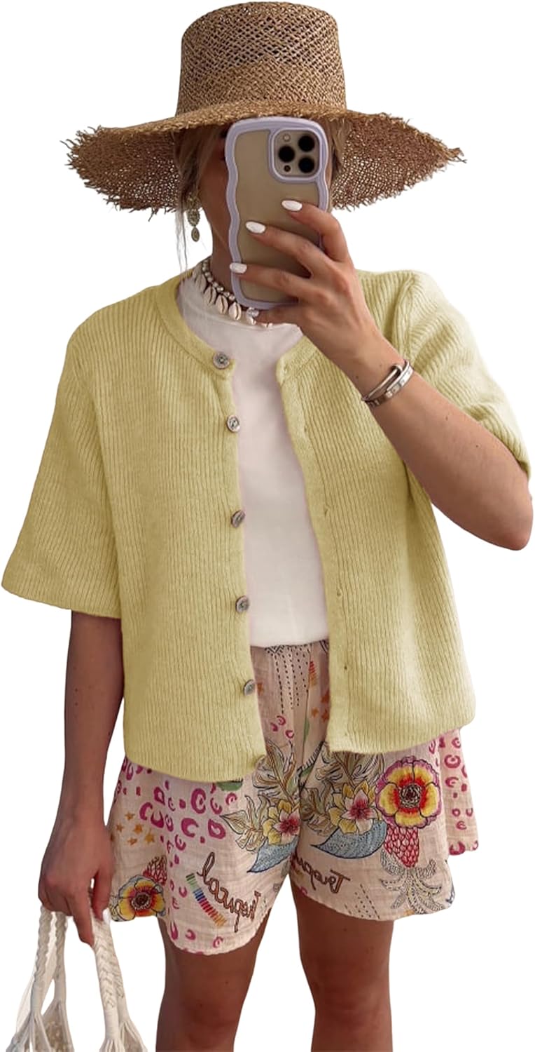 Tanming Womens Cardigan Sweaters Soft Knit Top Short Sleeve Button-Down Shirt Summer Cardigan Sweater