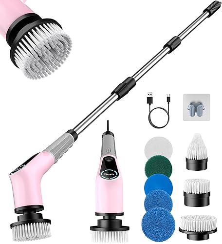 Dovety Electric Spin Scrubber, Cordless Cleaning Brush, Shower Scrubber with 8 Replaceable Brush Head, Power Cleaning Brush with Extension Handle, 2 Adjustable Speed, for Bathtub Grout Tile Floor