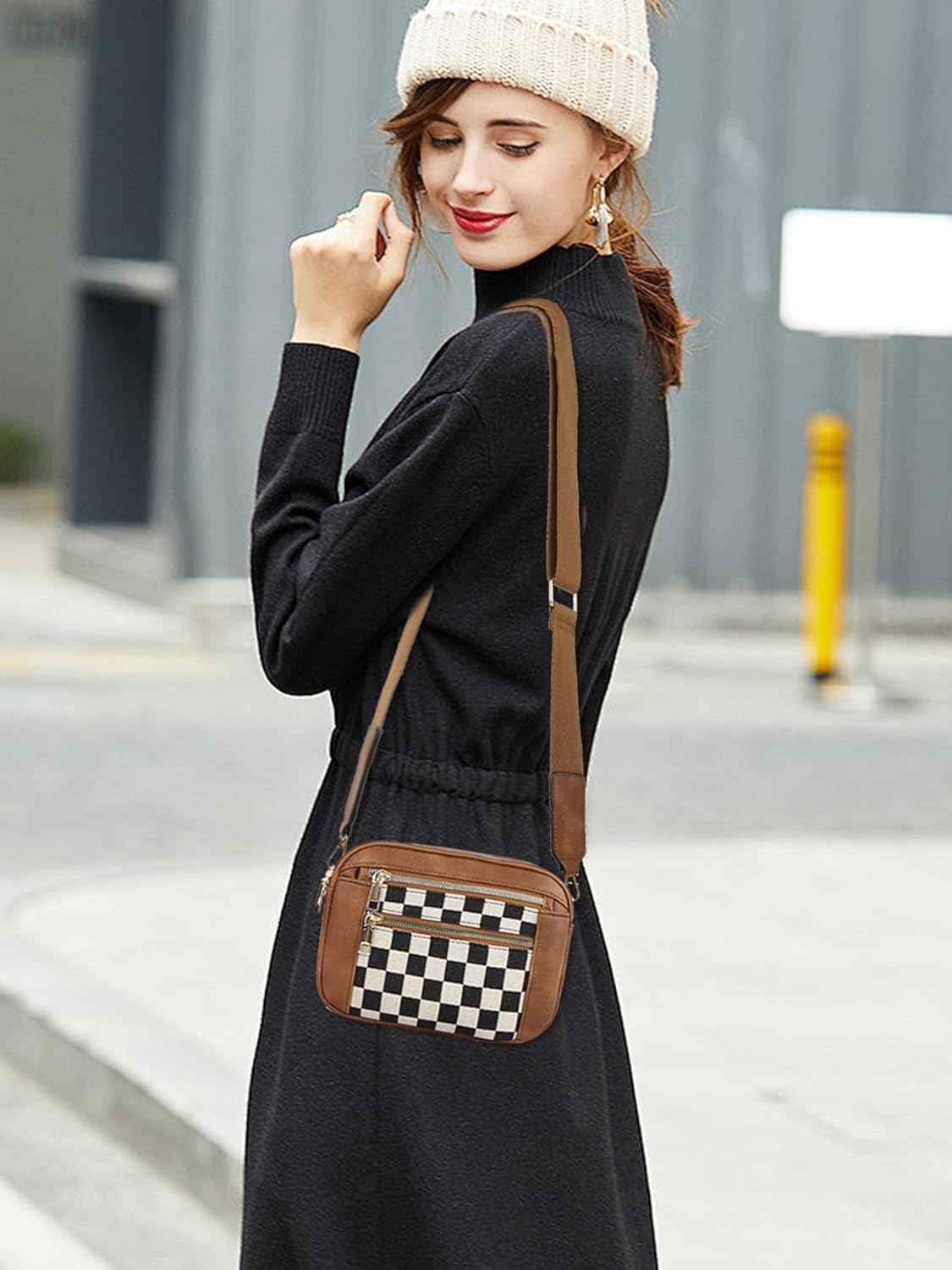 Checkered Crossbody Bag for Women Brown Woven Purse Adjustable Strap 35 to 56 Inches Lightweight Satchel Handbag - Image 2