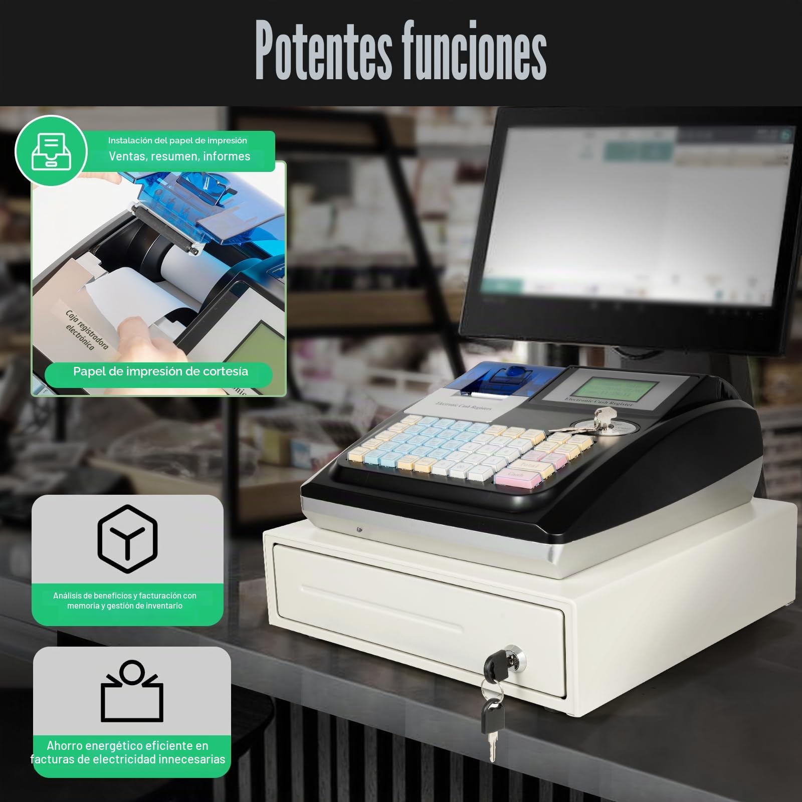 Caja registradora para comercio minorista con 48 teclas LED para gastronomía, versión inglesa