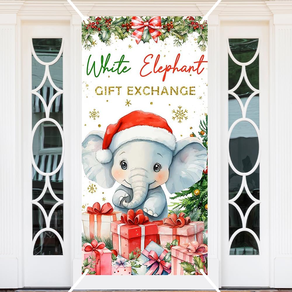 Ticuenicoa White Elephant Gift Exchange Door Cover Merry Christmas Door Banner Decorations Xmas Snowflake Hanging Covers Christmas Eve Porch Sign Banners for Front Door Indoor Outdoor Party Decor