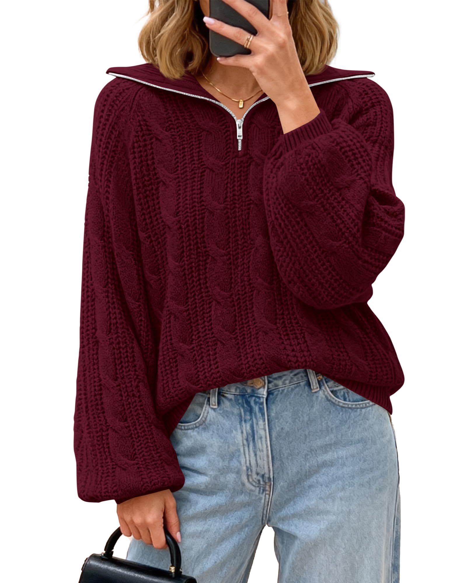 BTFBM Sweaters for Women Fall Fashion 2025 Loose Quarter Zip Pullover Collared Long Sleeve Cable Knit Winter Clothes