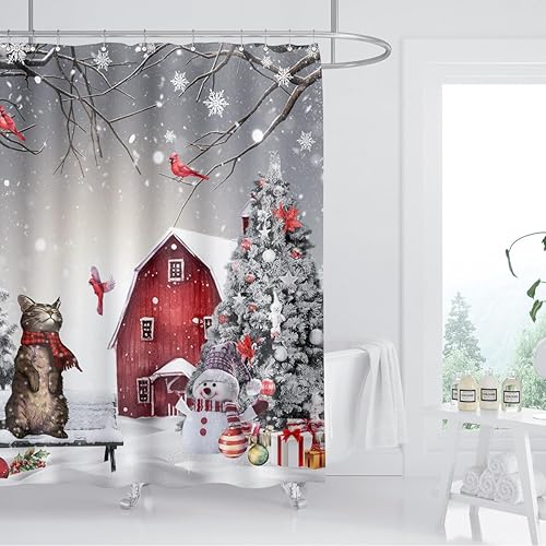 Miniatura 2 de Cortina de ducha con diseño de gato de Navidad, árbol de pino, cardenal, pájaro, muñeco de nieve, cabaña, copo de nieve, escena de vacaciones,