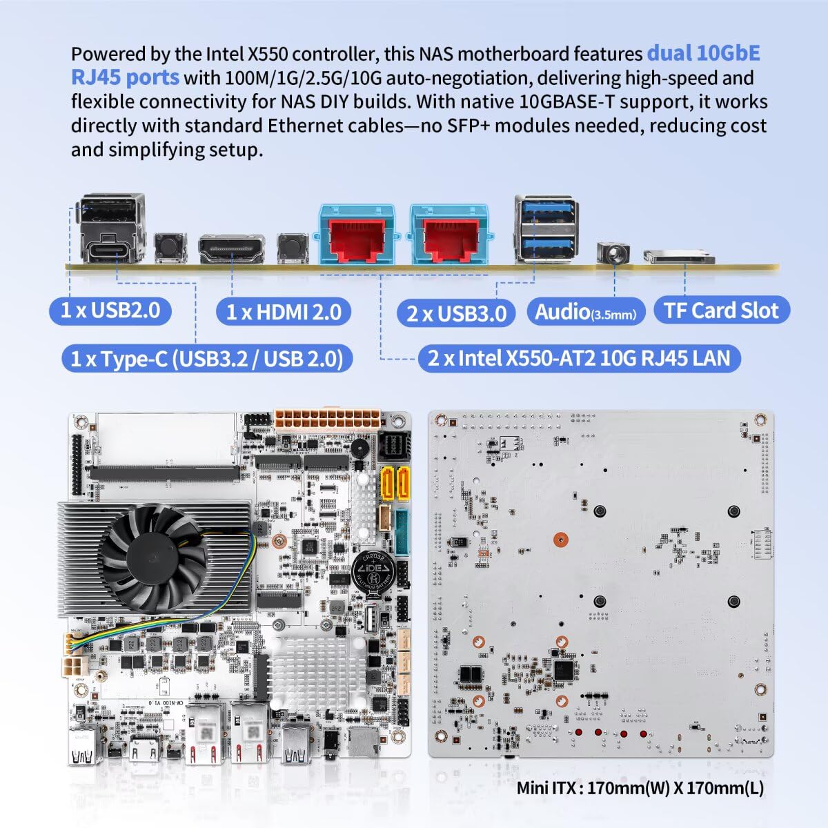 NAS Motherboard N150 6 Bay, Dual RJ45 10GBE LAN, Mini-ITX Mainboard, 3 x M.2 NVMe Mini Computer Board, DDR5 Barebone, Low Power Home Server Board, HD2.0