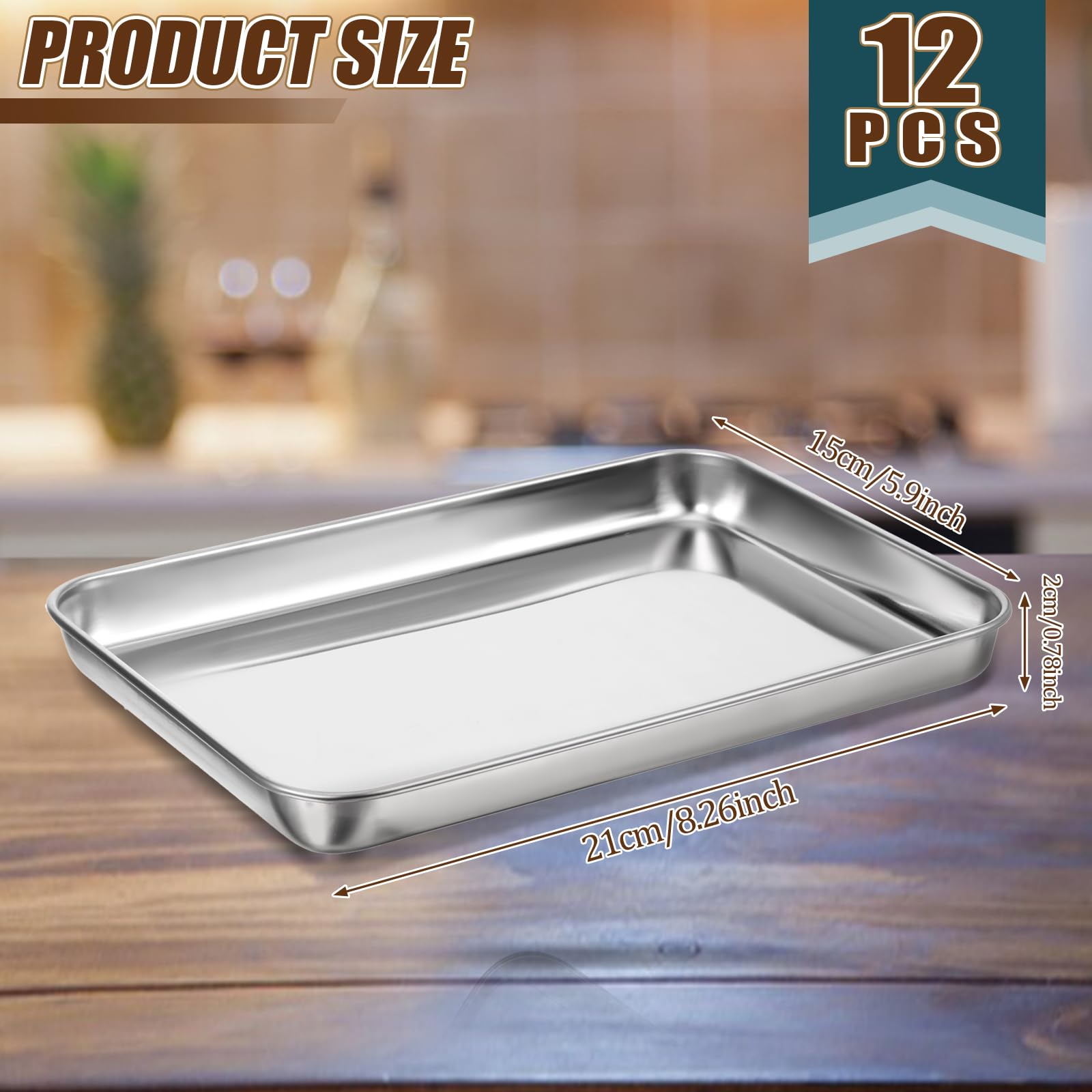 Set di 12 teglie da forno in acciaio inox, 20 x 15 x 2 cm, teglia rettangolare per barbecue, teglia da forno da cucina, lavabile in lavastoviglie, antiaderente