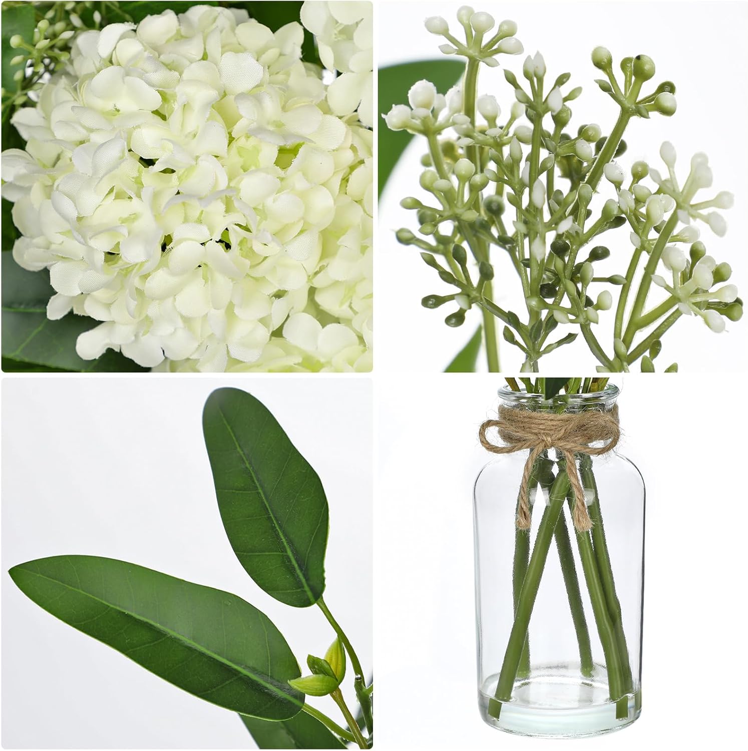 Hollyone White Hydrangea Artificial Flowers in Clear Glass Vase with Faux Water Silk Hydrangeas Fake Flowers Floral Arrangement for Home Bathroom Kitchen Office Table Centerpiece Shelf Decorations - Image 3