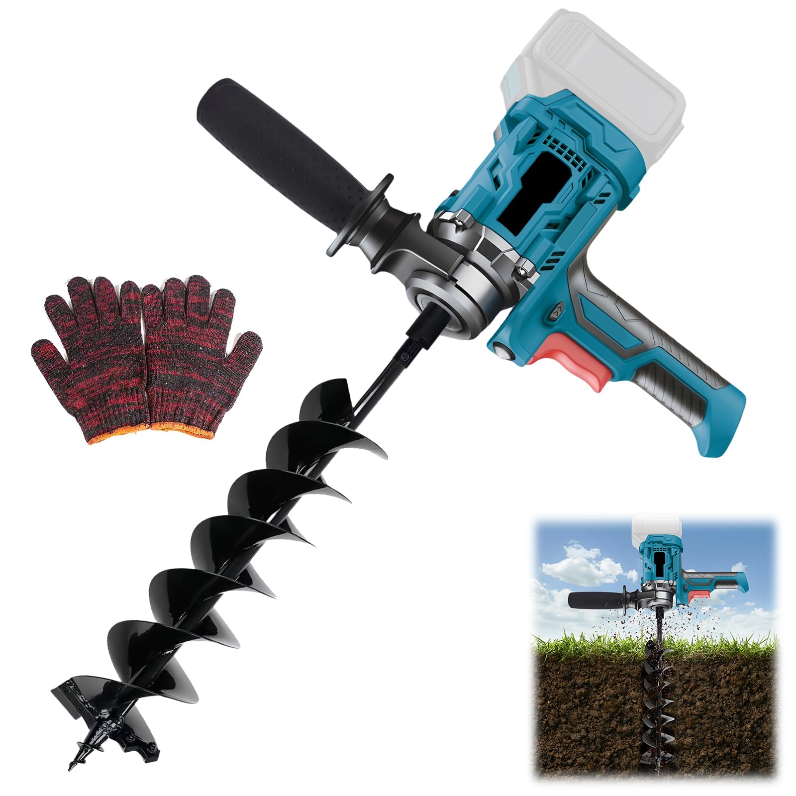 Taladro de tierra compatible con batería 18-21 V (sin batería), excavadoras eléctricas de agujeros de poste, taladro eléctrico de tierra de 2 asas, con interruptor de seguridad, para instalar
