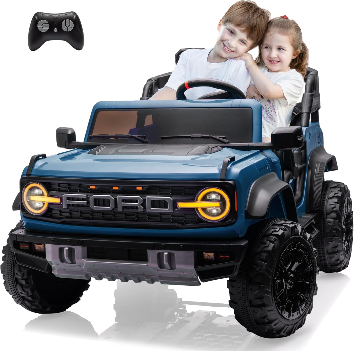 24v Ride On Toy for Big Kids,2-4.3 Mph,Ford Bronco Raptor Licensed Electric 2 Seater Ride On Car with Remote Control,Off-Road Wheels,Bluetooth Music Player,Spring Suspension,Safety Belts,Blue