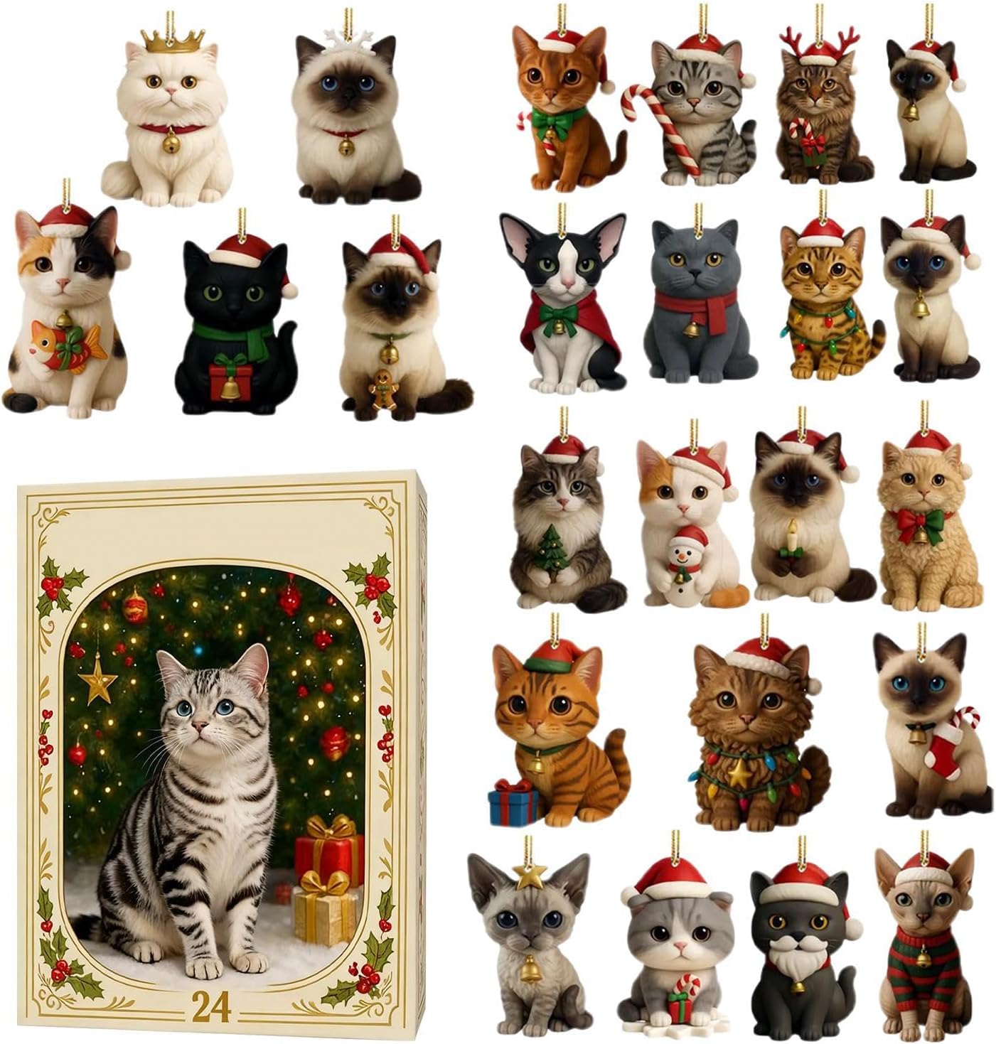 Calendario Dell'Avvento A Forma Di Albero Di Natale Per Amanti Dei Gatti – 24 Ornamenti Con Gatti, Decorazione 2D In Acrilico, Conto Alla Rovescia Natalizio