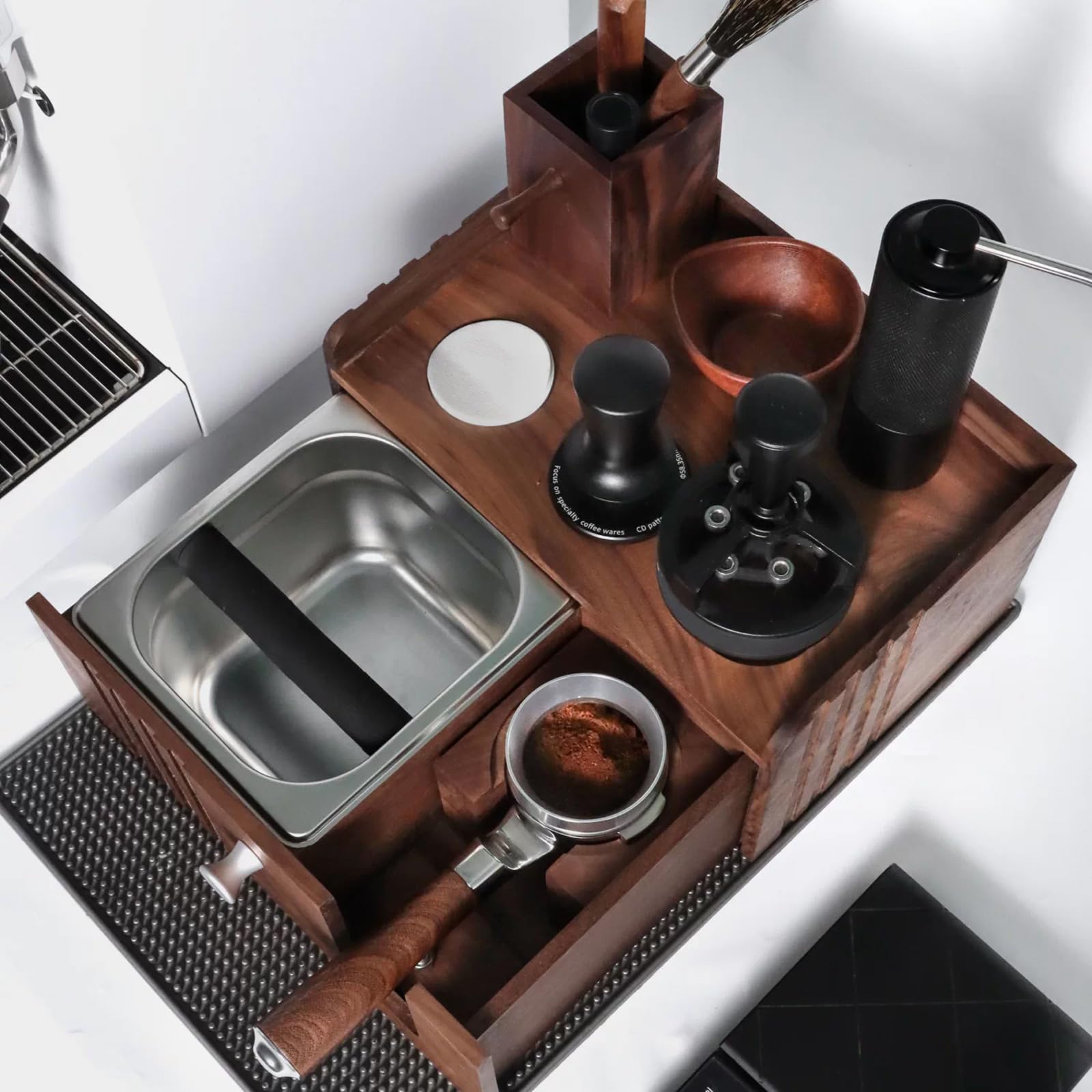 Stacja do ubijania espresso, drewniana pukanka, ze zdejmowaną szufladą, uniwersalny uchwyt portafiltra 58 mm, do przechowywania dystrybutora tampera, organizer do baru kawowego