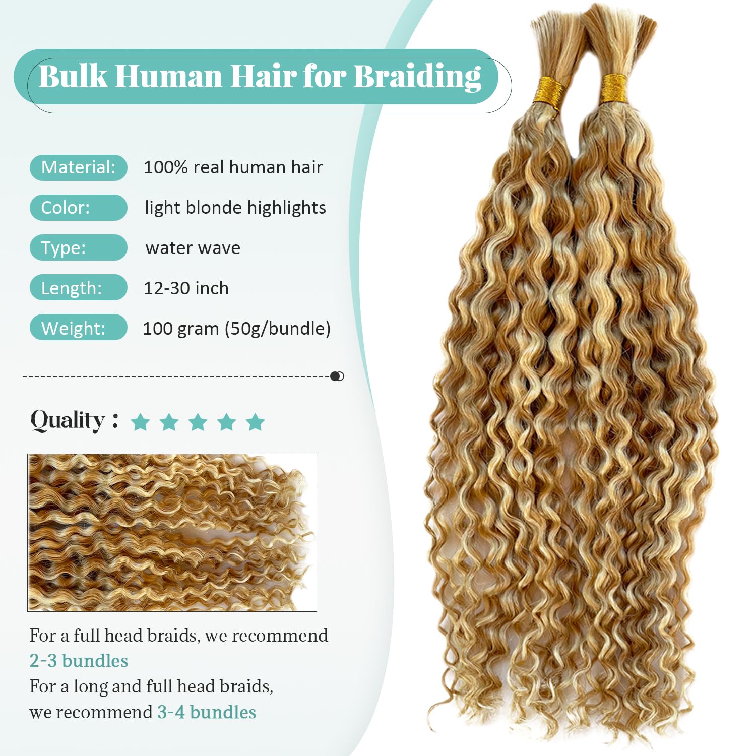 Highlight Ombre Blonde Human Braiding Hair for Boho Knotless Braids 20 Inch Deep Water Wave Bulk Human Hair for Braiding No Weft Brazilian Virgin 2 Bundles 100G Wet and Wavy Micro Extensions