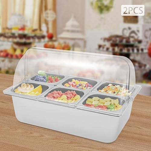 Miniatura 7 de Recipiente de exhibición de alimentos para encimera, 6 sartenes, bandeja de acero inoxidable para servir alimentos helados con cubierta superior