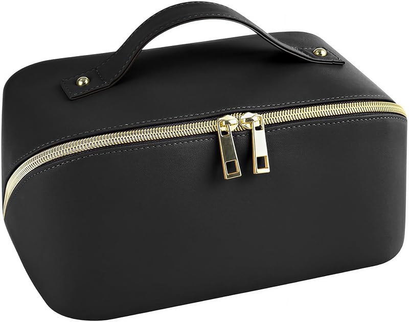 Necessaire de maquiagem ACUDUDOMA em PU, preta A-Black, com abertura ampla, compartimento para pincéis e alça