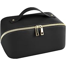 Travel Makeup Bag for Women, Waterproof Vegan Leather Cosmetic Bag, Large Capacity Pouch Open Toiletry Bag with Brush Compartment and Handle