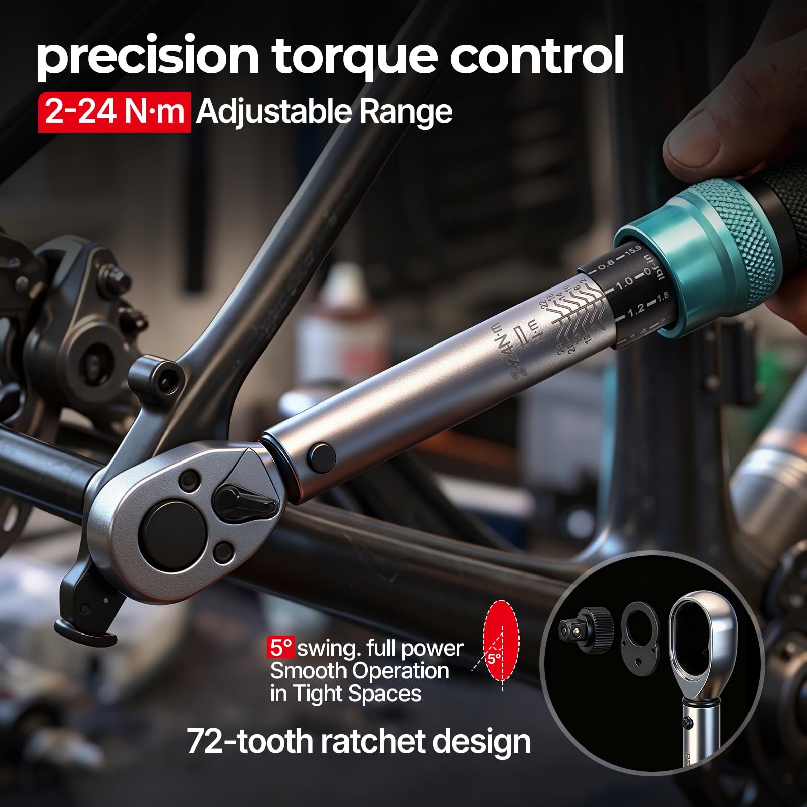 BLUEMARS Set di 33 chiavi dinamometriche da 0,6 cm, 2-24 Nm, piccolo strumento di riparazione per biciclette con cricchetto a 72 denti, precisione ± 3%, include barra di estensione e punte in acciaio