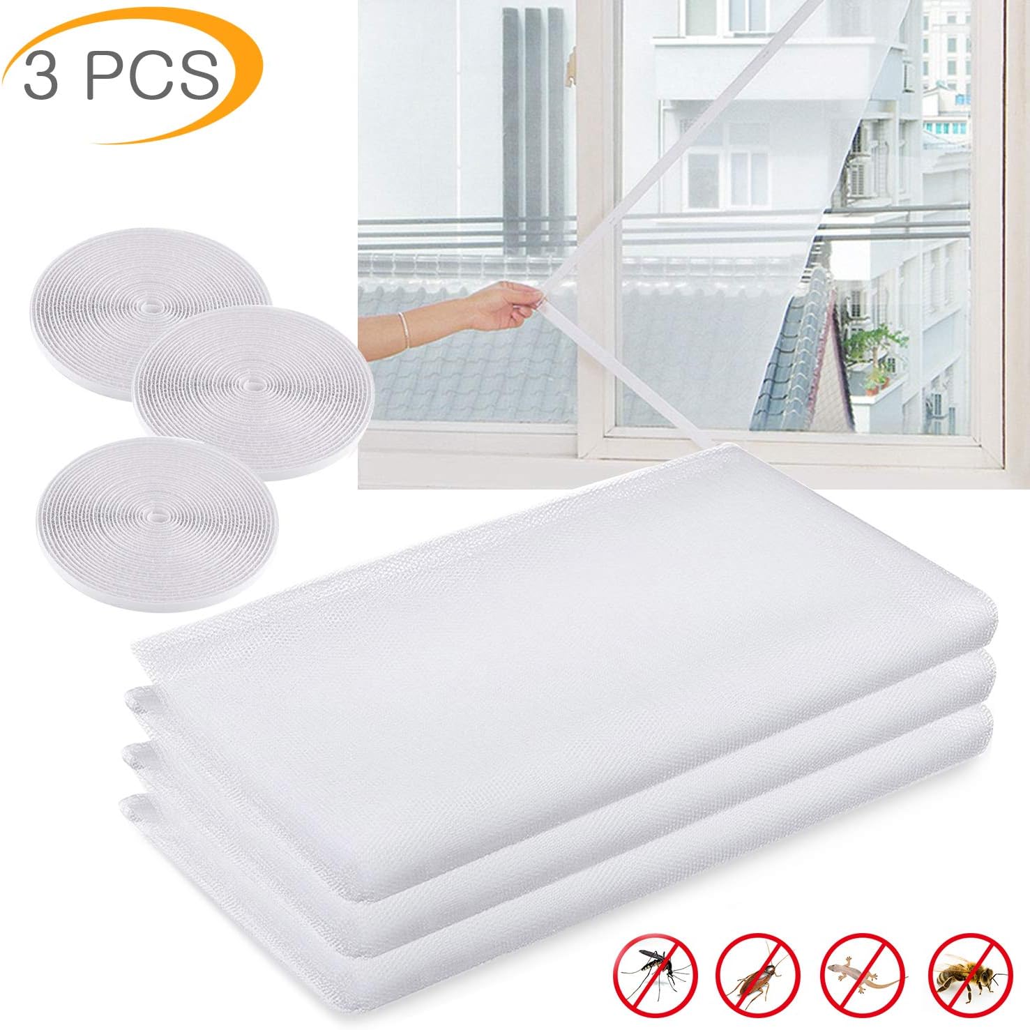 Mosquito Net for Window, Insect Screen Net, Fly Window Screen Mesh, 1.3m*1.8m Fly Bug Bee Spiders Mosquito Protector Kit Protector with 3 Rolls Self-Adhesive Tapes [0.6cm Wide] (White)