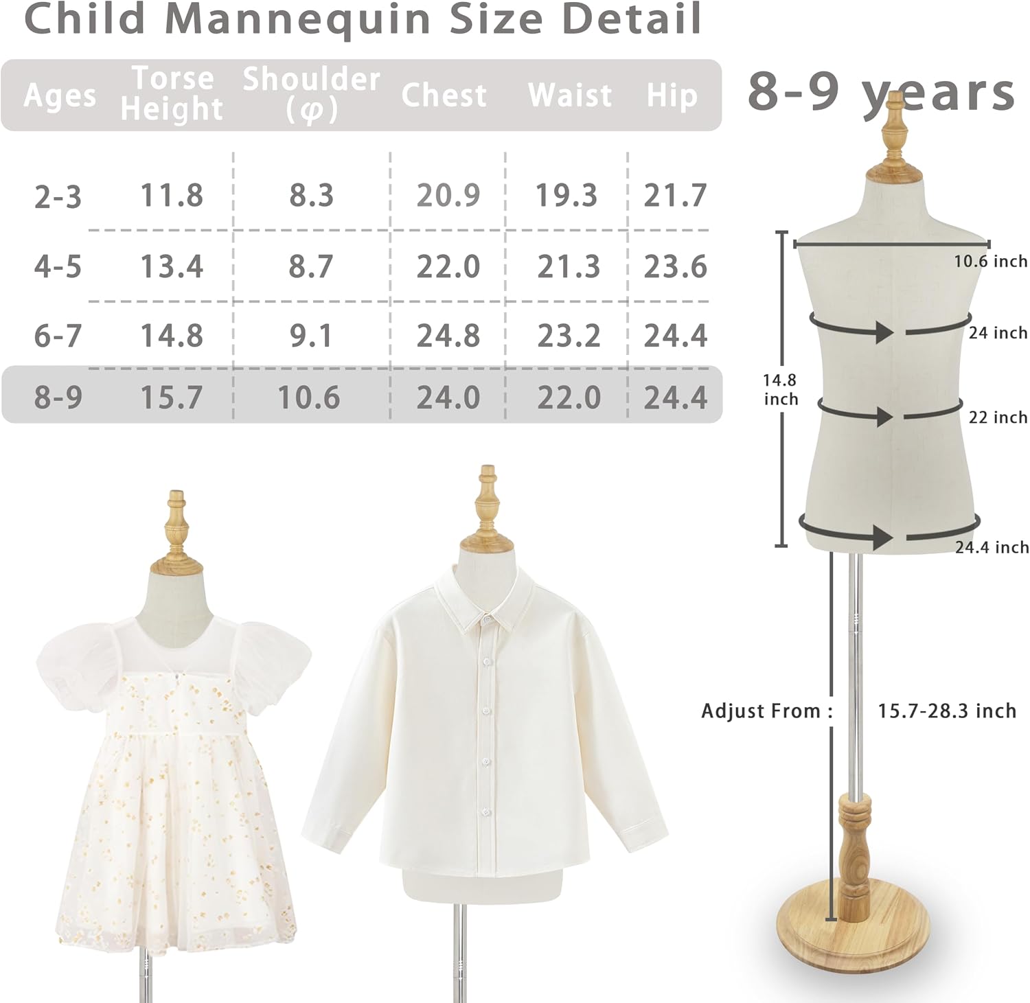 Child Mannequin for Clothing Display, Adjustable Kids Mannequin Torso with Wooden Base, 8-9 Years Old