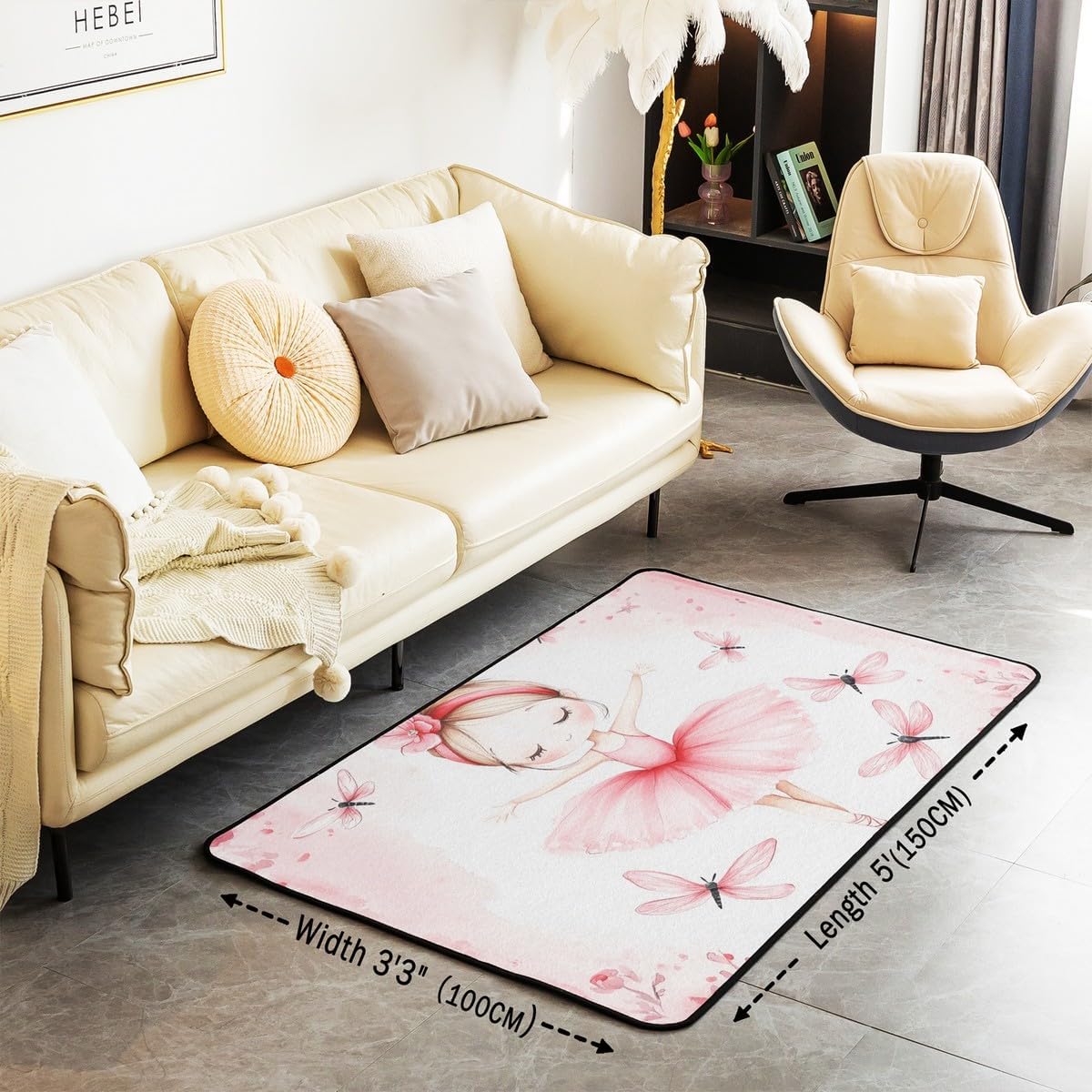 Manfei Ballerina Girl Area Rug Pink Dragonfly Flower Print Floor Mats Rugs for Princess, Cute Ballet Dancer Decorative Rug for Living Room, Absorbent Carpets, 3'x5'