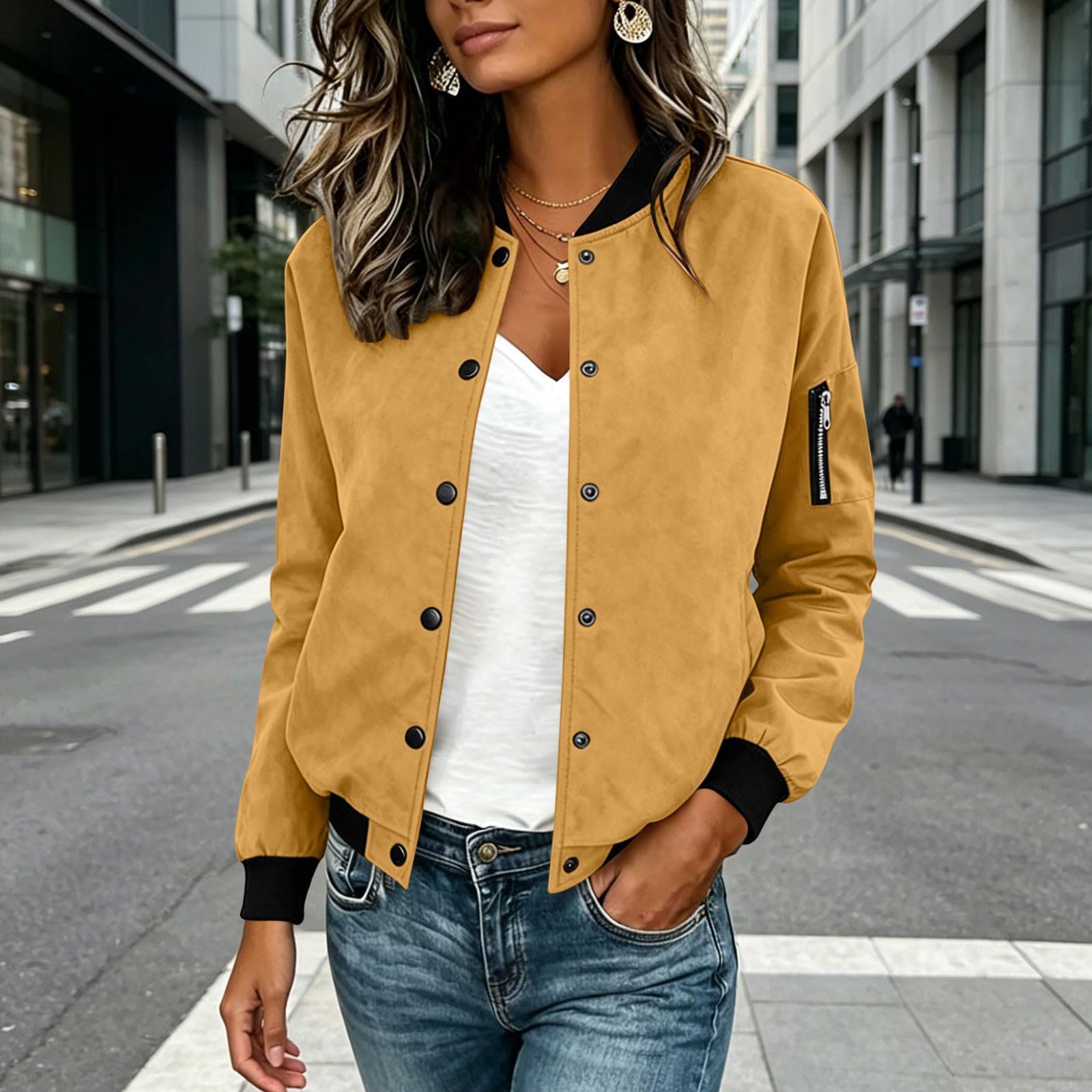 Generisch Bomberjacke Damen Winter Wildlederjacke Mit Knöpfen Pilotenjacke