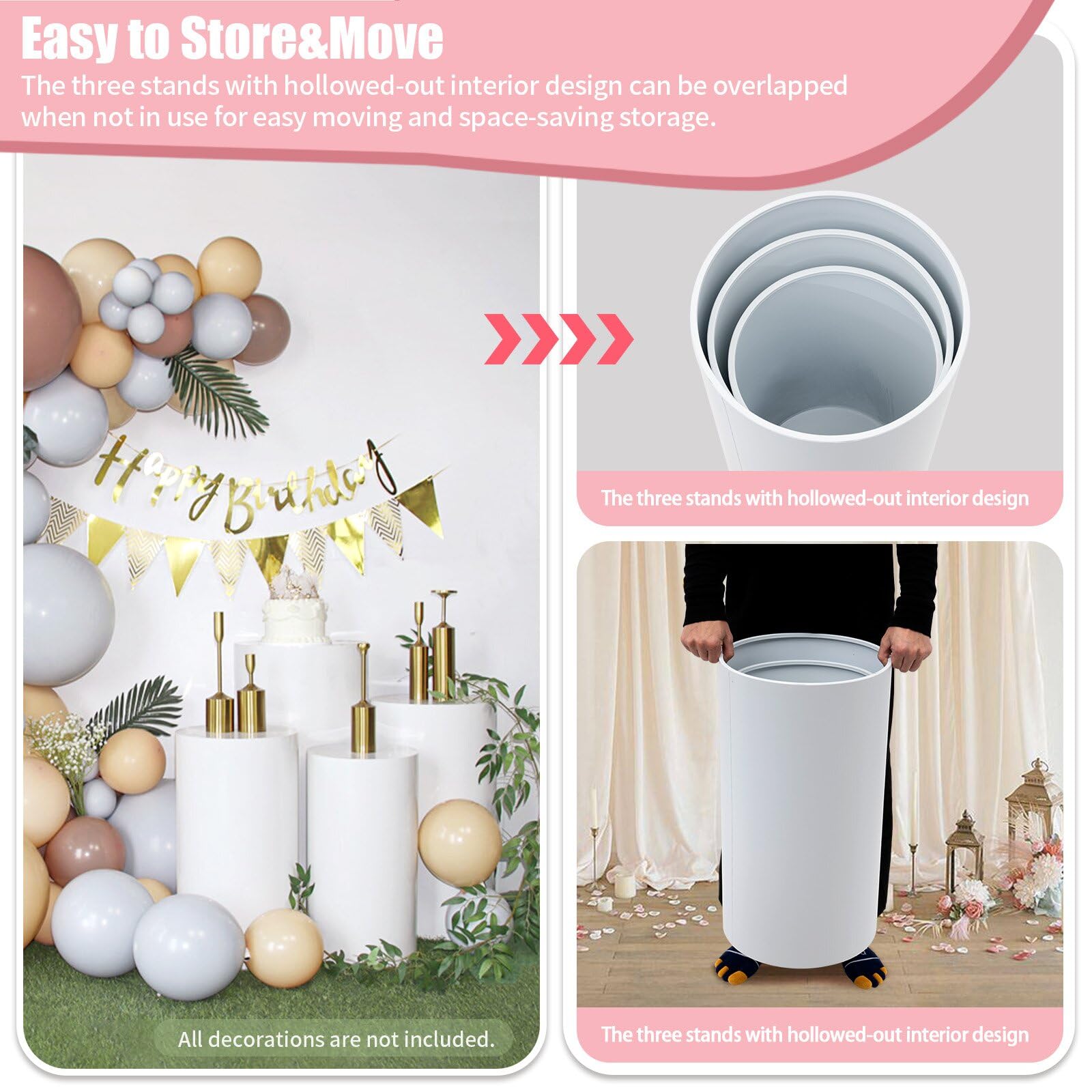 3 soportes cilíndricos para fiestas, pilares de exhibición de mesa de postre blancos, soporte de pedestal cilíndrico de 66 libras para fiesta, cumpleaños, boda, ceremonia, banquete, decoración