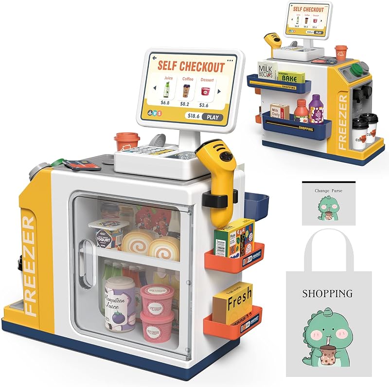Kids Cash Register Playset - 48PCS Play Money, Calculator, Scanner,Ages 3+ | Toddlers Cash Register Playset with Credit Card & Play Food,for Boys and Girls Ages 3+ Pretend Grocery Store Shopping Playset