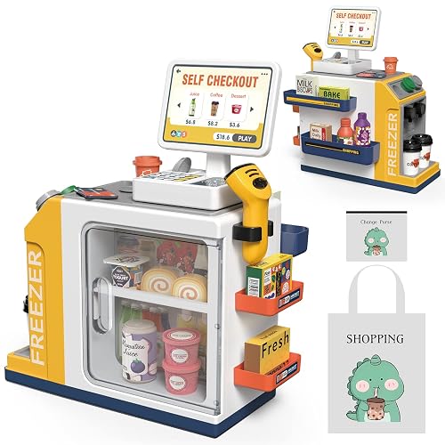 Kids Cash Register Playset - 48PCS Play Money, Calculator, Scanner,Ages 3+ | Toddlers Cash Register Playset with Credit Card & Play Food,for Boys and Girls Ages 3+ Pretend Grocery Store Shopping Playset