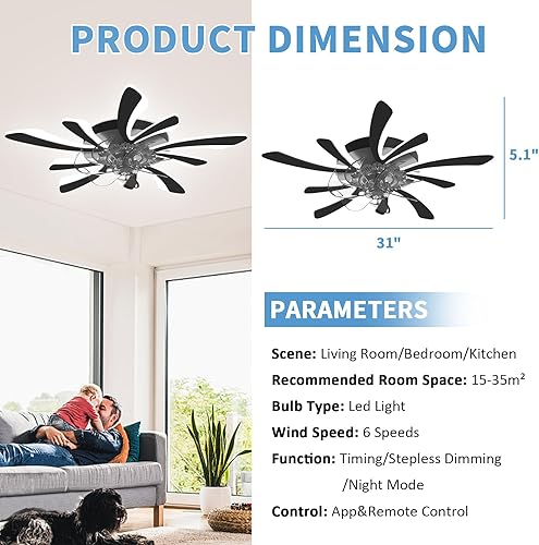 Miniatura 6 de GooComfy Ventilador de techo regulable con luz y control remoto, ventilador de techo pequeño de 31 pulgadas con luces LED, aplicación y control