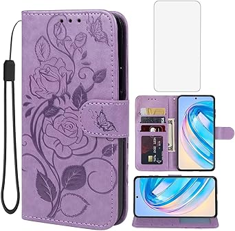 Case for Honor X8A Case, Honor X8 A Wallet Case with Tempered Glass Screen Protector, Flower Leather Flip Credit Card Holder Stand Phone Cover Cases for Honor X8A Purple