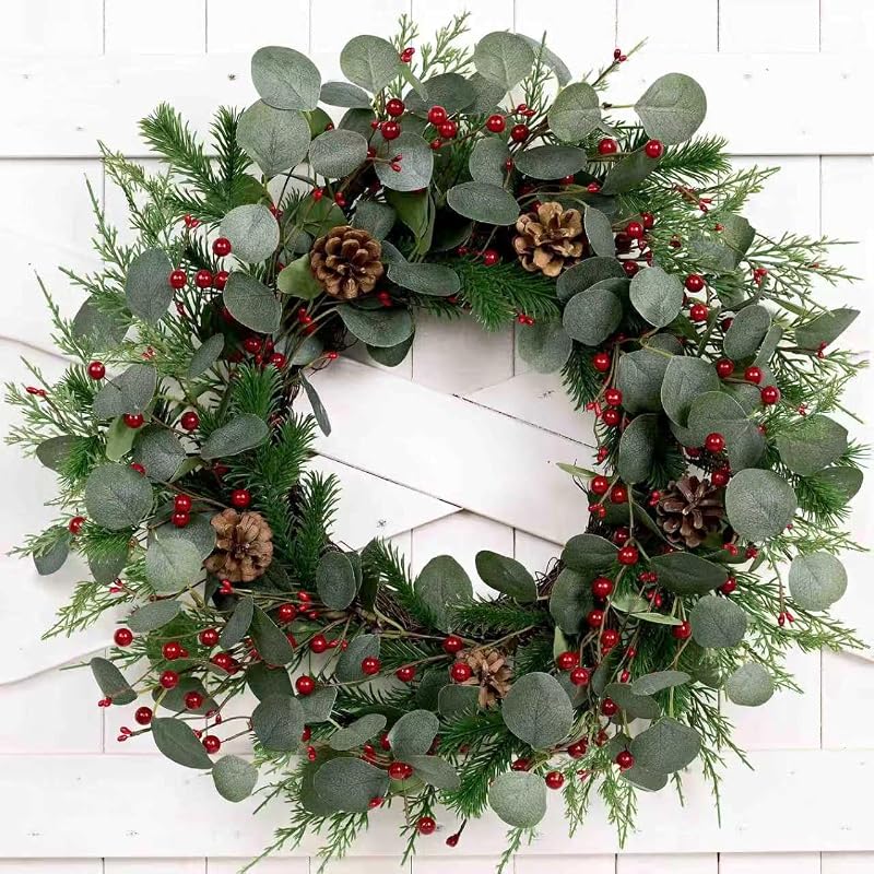 Christmas Wreath 24inch Christmas Wreaths for Front Door Xmas Red Berry Wreath with Eucalyptus Leaves Pine Cones Red Berries for Wall Window Indoor Outdoor Winter Decorations