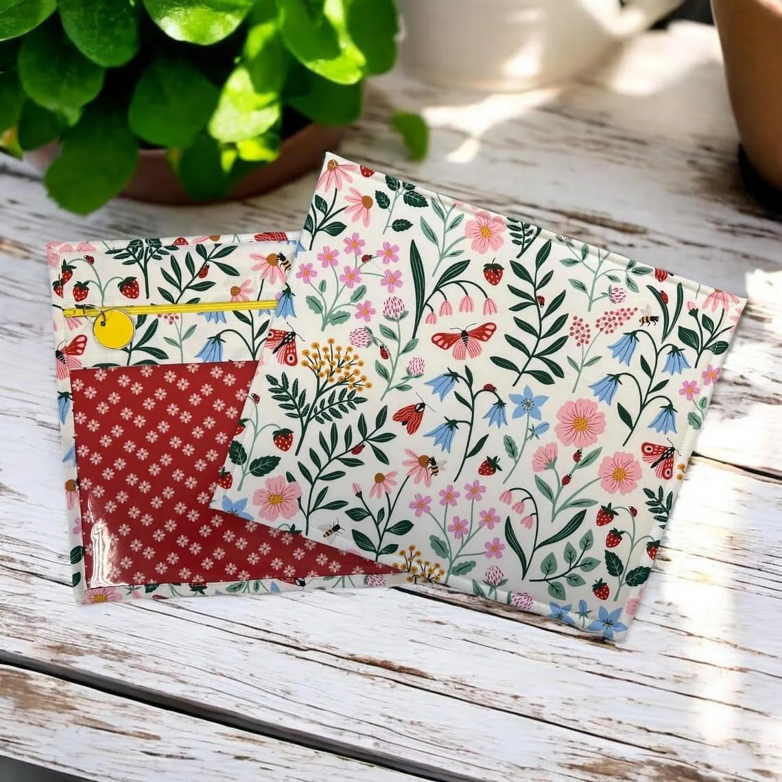 Strawberry Wildflower Meadow - Handmade WIP Project Bag for Cross Stitch Embroidery–Clear Vinyl Front Project Organizer, Needlework Storage Pouch –Fits 6x6 Q-Snap Frame,Nurge No.3 Hoop & up to 8"hoop