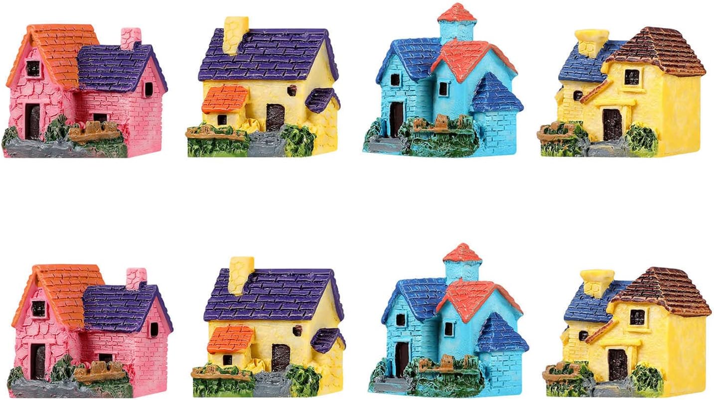 JANOU 8Pcs Mini House Micro Landscape Miniature Decoration Resin Figurine Plant …