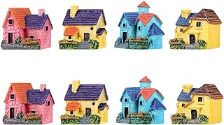 JANOU 8Pcs Mini House Micro Landscape Miniature Decoration Resin Figurine Plant Pot Fairy Garden Ornament