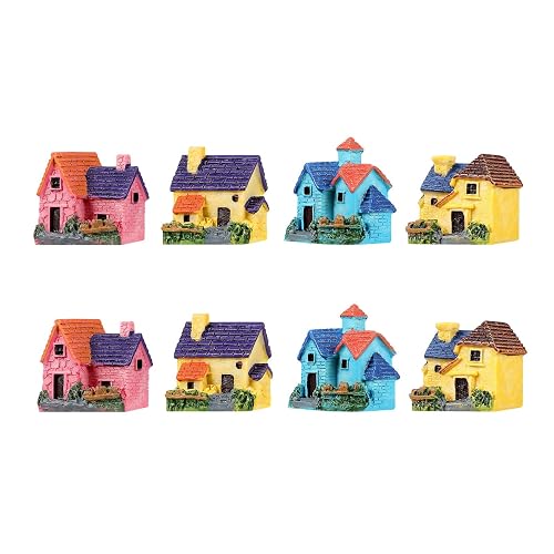 JANOU 8Pcs Mini House Micro Landscape Miniature Decoration Resin Figurine