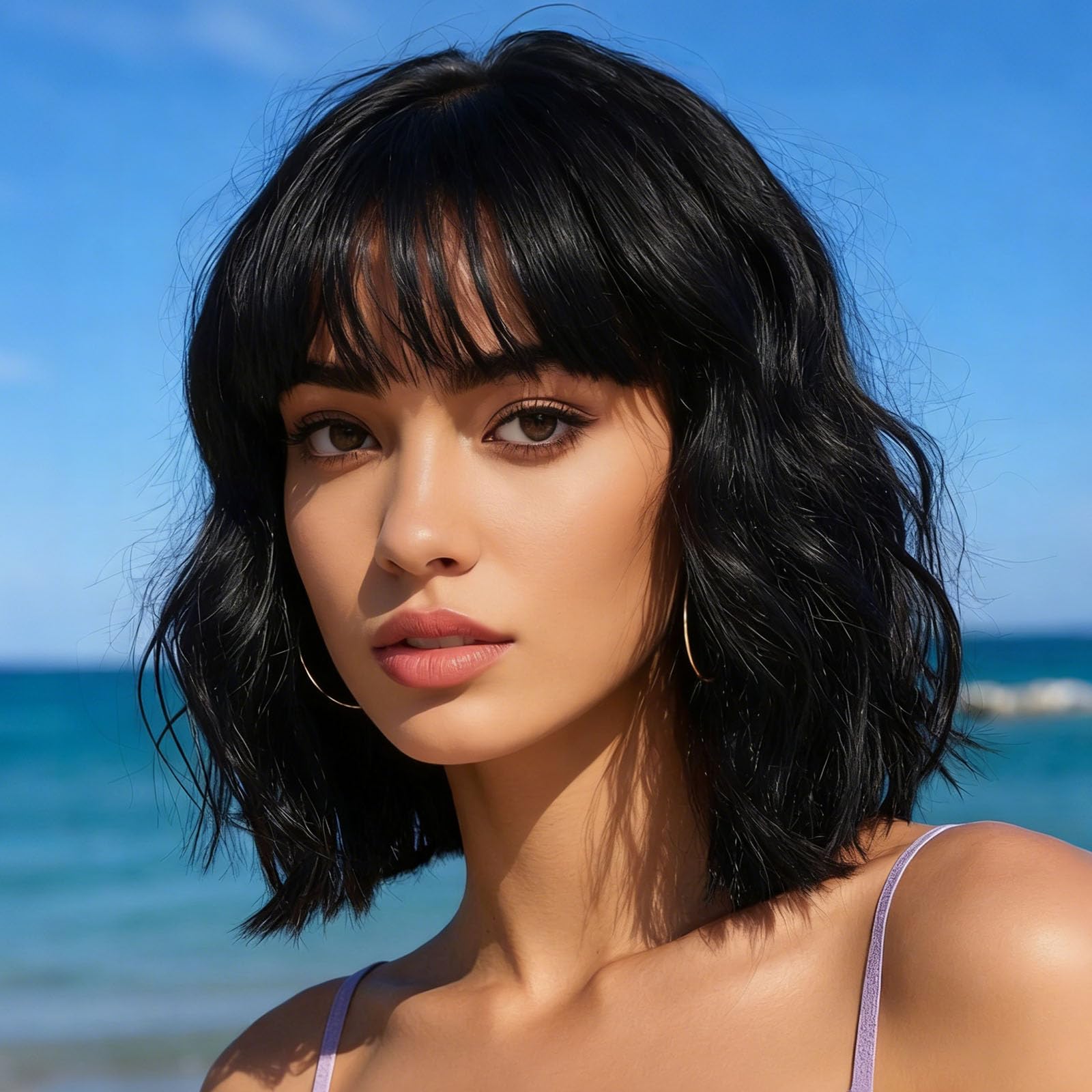 Amarlis Short Black Bob Wig with Bangs for Women Natural Looking Loose Wavy Curly Wigs Heat Resistant Synthetic Fiber Wigs for Daily Party Cosplay Use