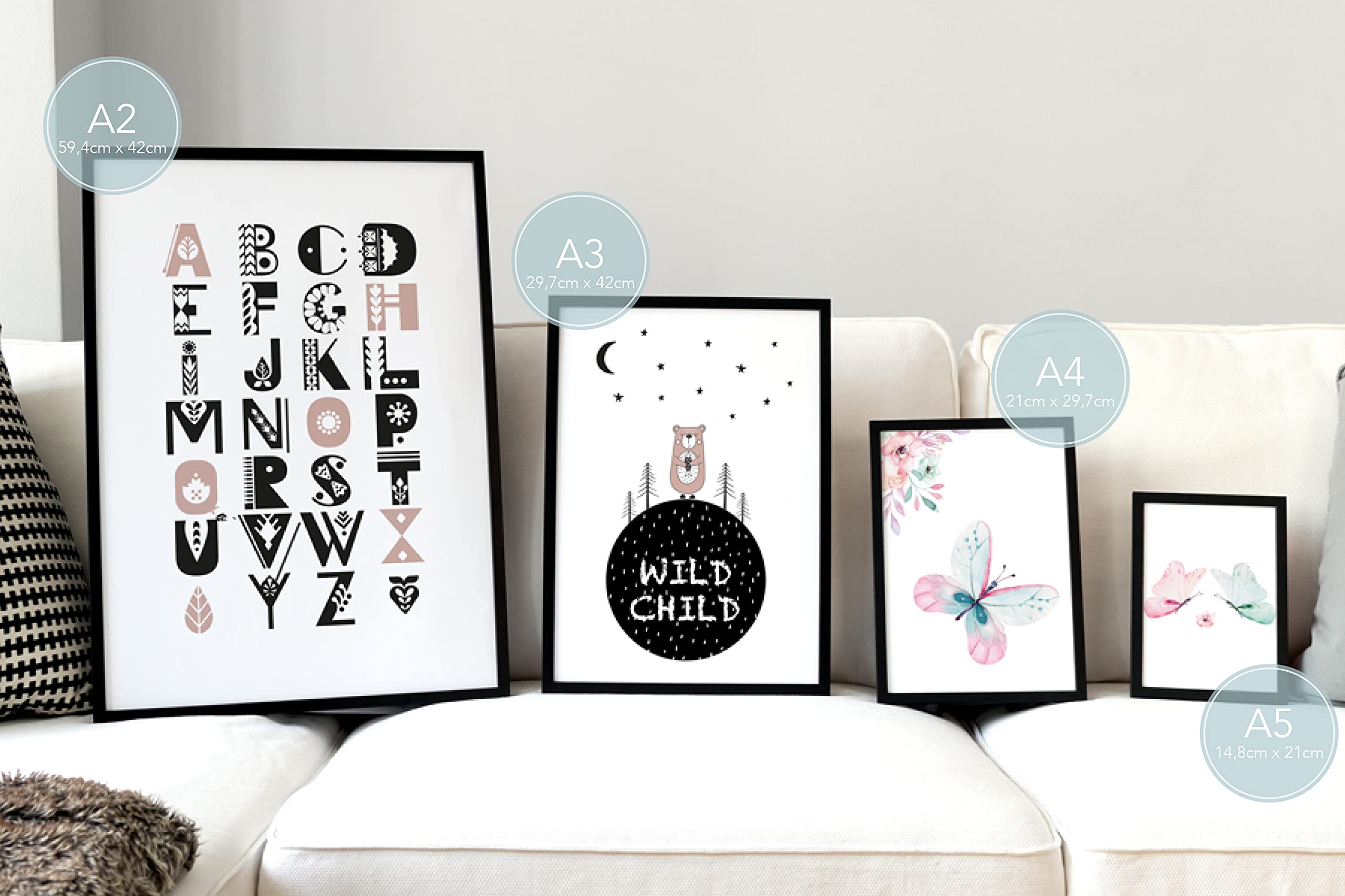 Cuadros para niños, Set de 4, A3 enmarcado en marco de madera (blanco), Regalo para niñas, Láminas decorativas para el cuarto infantil, rosa animales cisne Flamingo Llama, Princess Animals